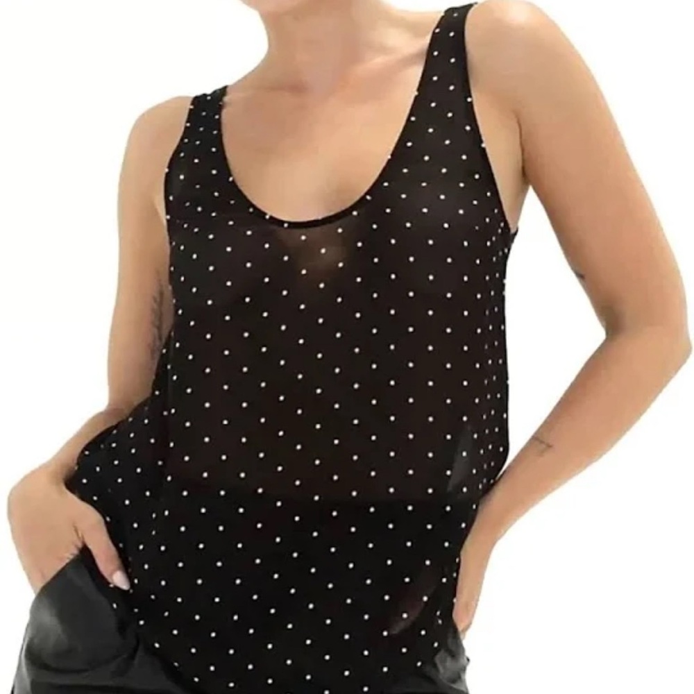 Rumored Old Fashioned Tank Classic Dot Black Sheer Polka Dot Top NWT M #203